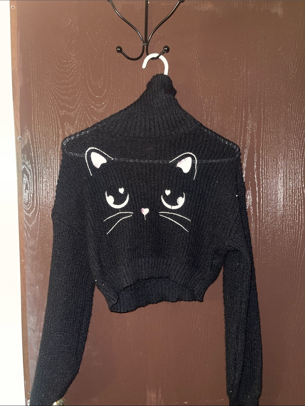 Black Cat Graphic Cropped Turtleneck Sweater